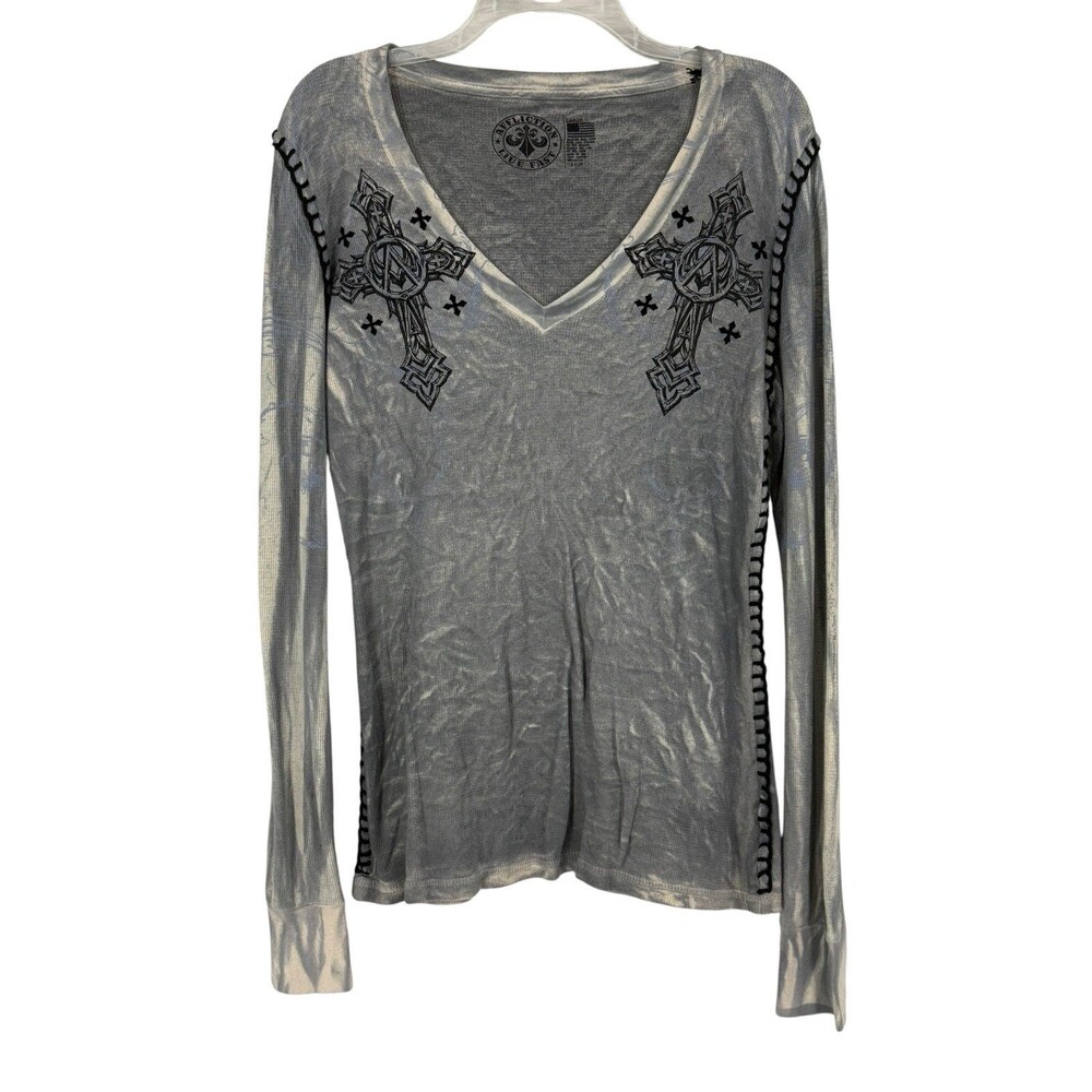 Affliction Live Fast Gray Acid Wash Thermal V-Neck Cross Graphic Long Sleeve L